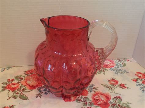 Vintage Cranberry Glass Pitcher With Reed Handle Vintage Thumbprint