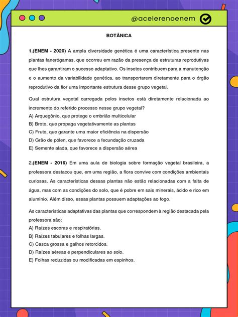 Questões De Botânica Enem - Questões de Botânica para o ENEM | PDF | Plantas | Fruta