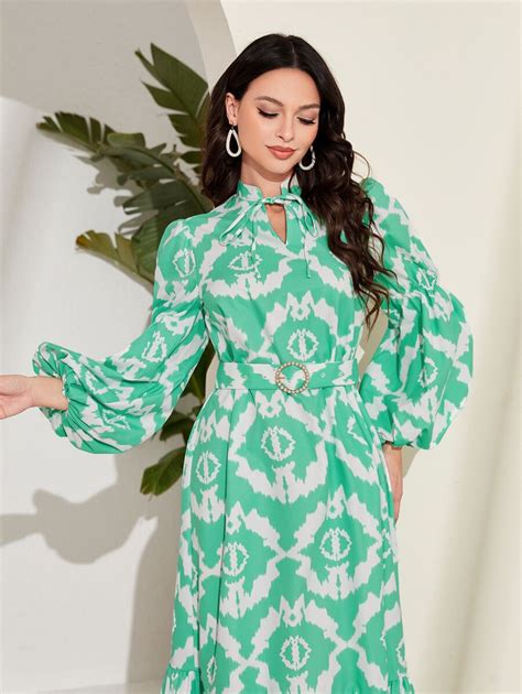 Shein Mulvari Allover Print Lantern Sleeve Ruffle Hem Belted Dress