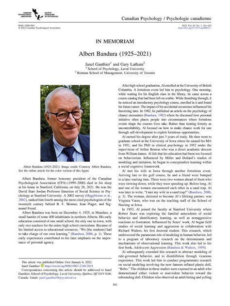 Albert Bandura 19252021 In Memoriam Albert Bandura 19252021