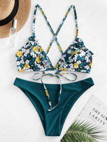 OFF POPULAR ZAFUL Flower Print Ruffle Criss Cross Bikini Swimsuit In GREENISH BLUE