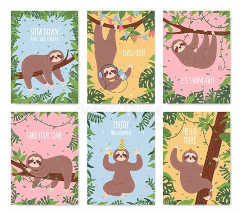 Cartoon Sloth Card Happy Sloths Sleeping Or Hanging From Tree Cute