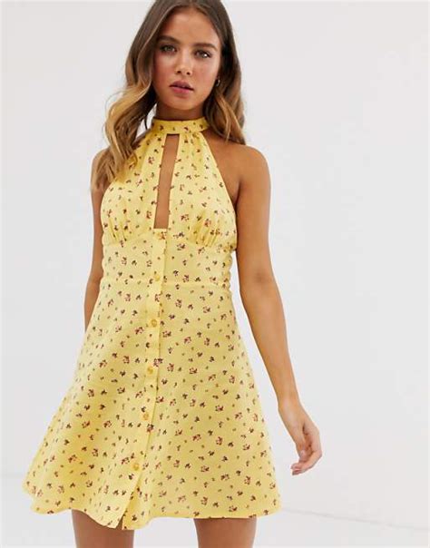 Asos Design Halter Neck Button Through Mini Sundress In Ditsy Floral