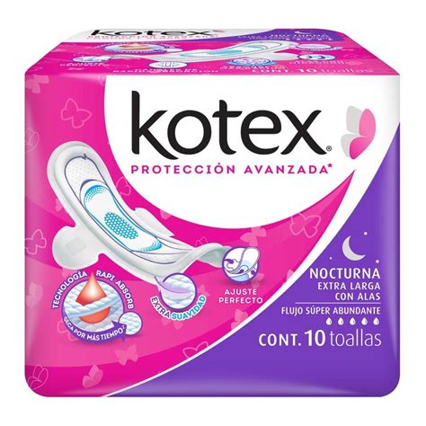 Toallas femeninas Kotex Nocturna con alas flujo súper abundante 10 pzas