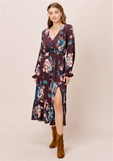 Bohemian Long Sleeve Floral Midi Dress Lovestitch