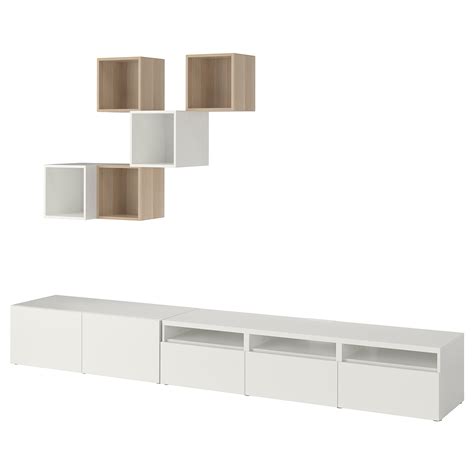 EKET BESTÅ cabinet combination for TV white white stained oak effect