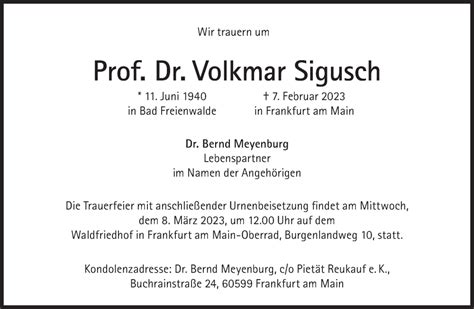 Traueranzeigen Von Volkmar Sigusch Sz Gedenken De