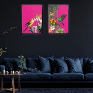 Hot Pink Tropical Birds Print Set Bright Bold Maximalist Wall Art Featuring Vibrant Birds And