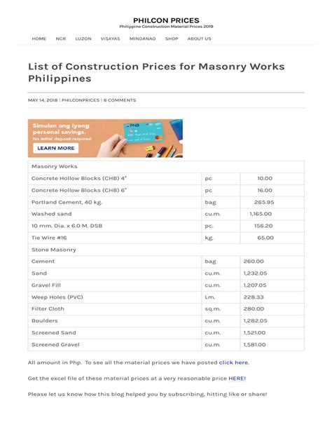 List Of Construction Prices For Masonry Works Philippines Philcon