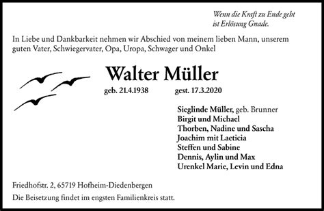 Traueranzeigen von Walter Müller vrm trauer de