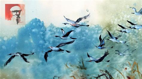 How To Paint Flying Birds Winter Scenery Watercolor Painting