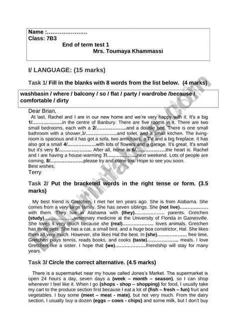 Mid Term Test Th Form Esl Worksheet By Toumia