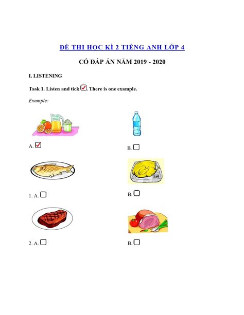 Đề thi tiếng anh lớp 4 học kì 2 có file nghe , PDF và đáp án