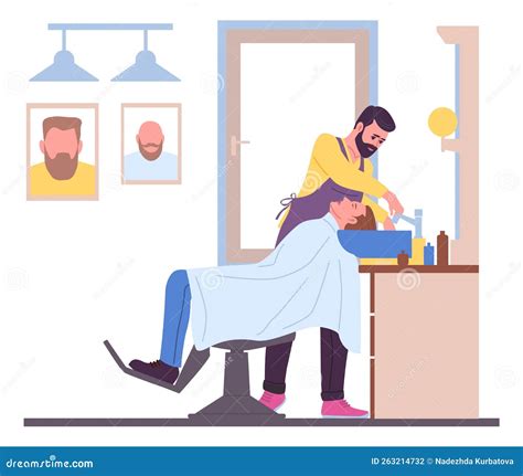 People In Beauty Haircutting Salon Barbershop Interior With Male Customer And Hairdresser Stock