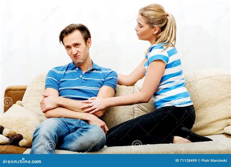 Woman Comforting Her Sad Husband Stock Image Image Of Couch Grieve