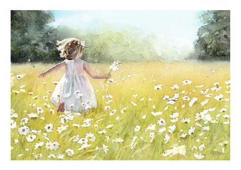 Girl in a Daisy Meadow Field Painting, Watercolour Wall Art, Farmhouse Country Landscape Wall ...