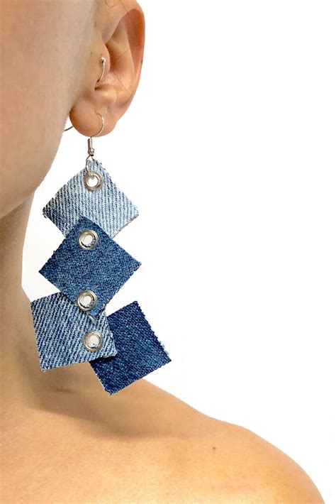 Denim Earrings Recycled Denim Reworked Denim Blue Square Earrings Recycled Jewelry Recycled