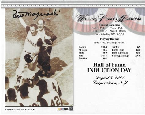 Bill Mazeroski Autographed Signed Pittsburgh Pirates HOF 8X10 Induction