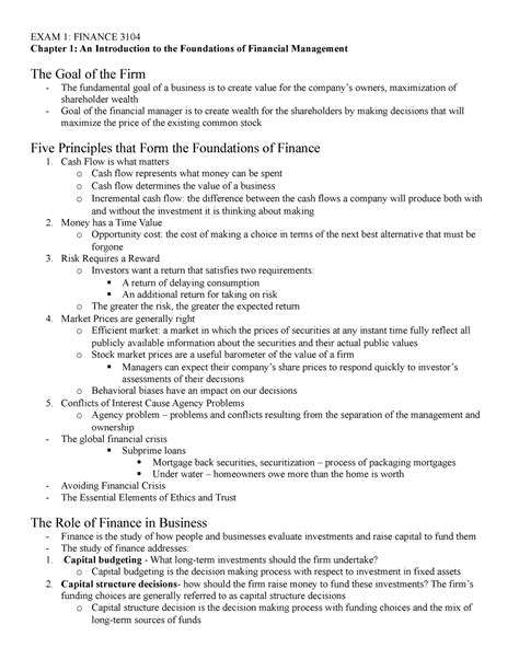 Exam Intro To Finance Lecture Notes Study Guide Exam Finance