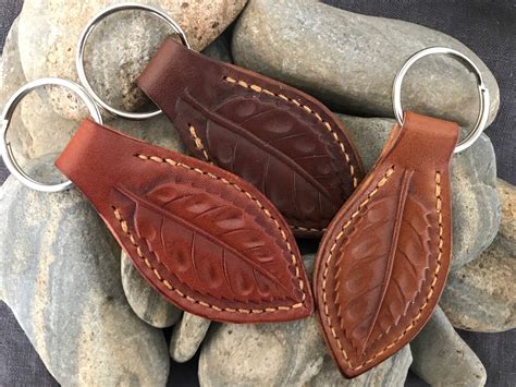 Leaf Leather Key Ring Key Fob Tooled Leaf Design Key Chain Etsy