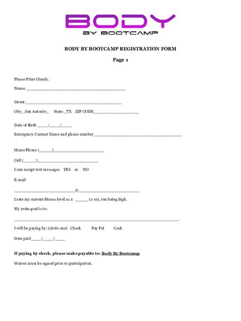 Fillable Online BODY BY BOOTCAMP REGISTRATION Page 1 Fax Email Print