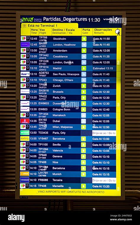 electronic schedule display at Lisbon airport for departure flights in portugese and english ...