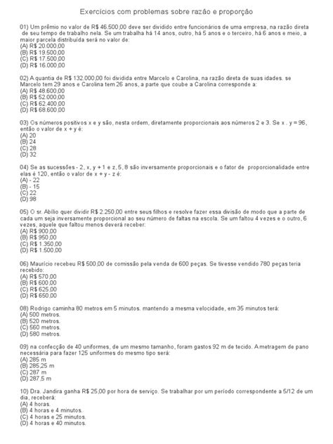 Exercicios Sobre Razao E Proporcao - Exercícios Com Problemas Sobre Razão e Proporção | PDF | Ensino de ...
