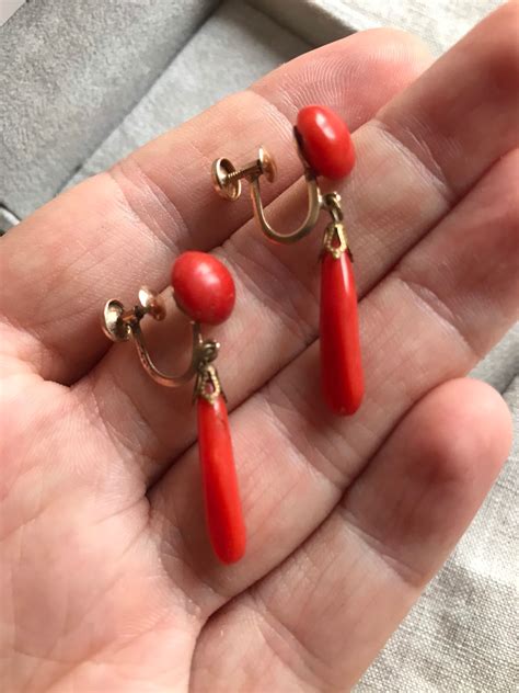 Antique Coral Gold Earrings Dangle Coral Earrings Etsy