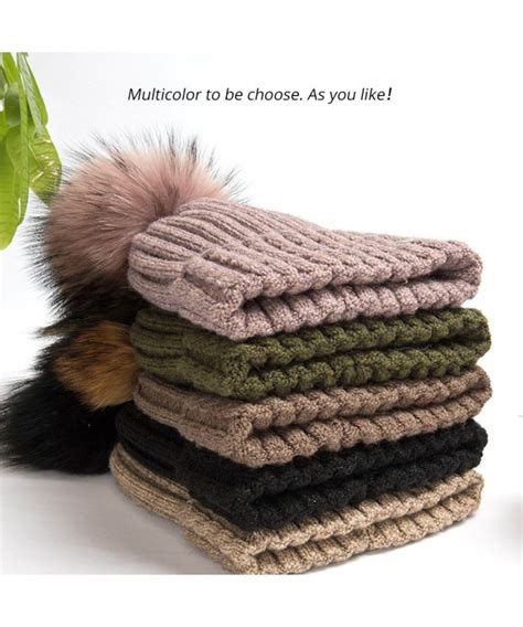 Winter Fur Pom Pom Beanie For Women Real Fox Fur Knit Beanies For Girls Cuff Hat Burgundy ...