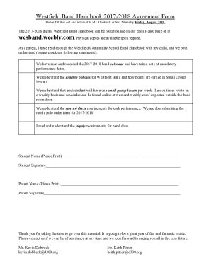 Fillable Online Westfield Band Handbook 2017 2018 Agreement Form Fax