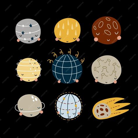 Conjunto De Planetas Dibujados A Mano Sobre Un Fondo Negro Ilustración Vectorial Para Decoración