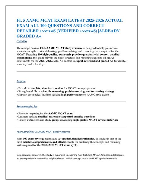 FL 5 AAMC MCAT EXAM LATEST 2025-2026 ACTUAL EXAM ALL 100 QUESTIONS AND