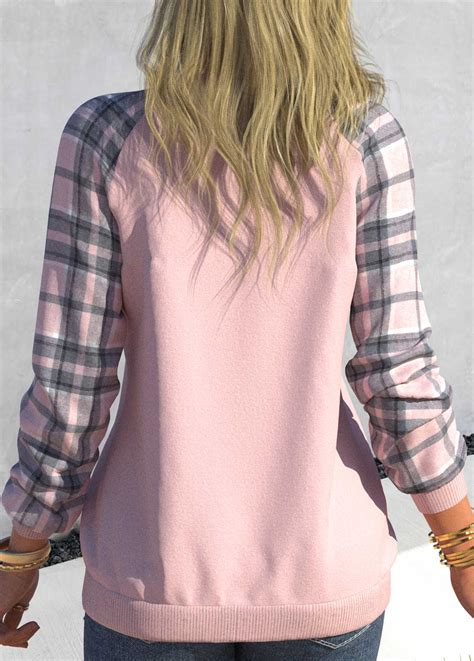 Tartan Print V Neck Dusty Pink Sweatshirt Usd 2498