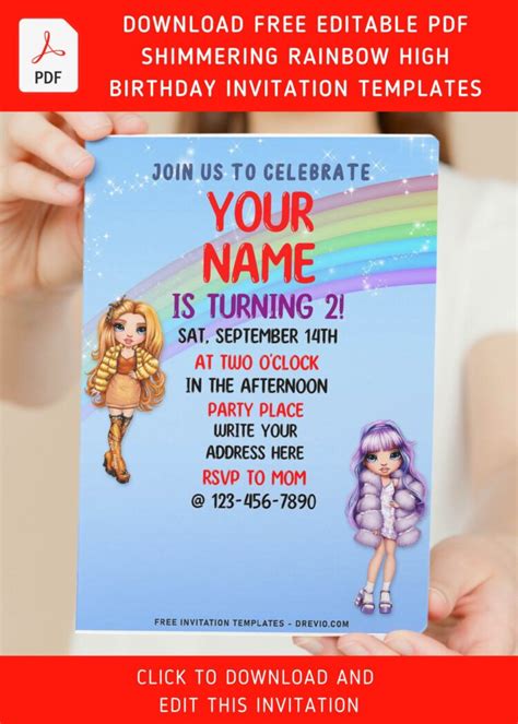 Free Editable Pdf Shimmering Pastel Rainbow High Birthday Invitation