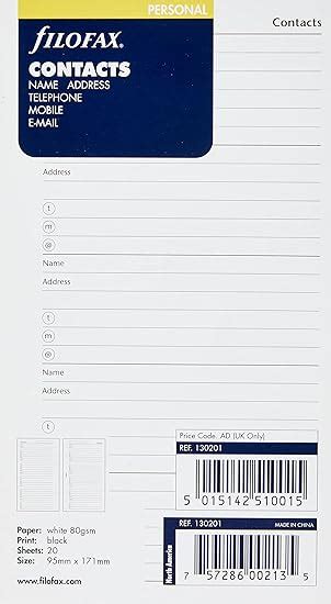 Amazon Filofax Name Address Telephone Refill For Personal