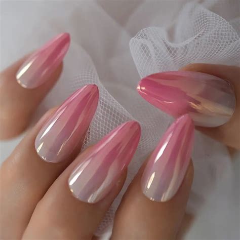 High Shine Ombre Pink Nude Chrome Mirror Shiny Long Press On Nails Pink Nails Stylish