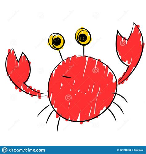 Cartoon Red Crab Funny Crab With Round Eyes Vector Sketch Doodle