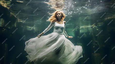 Premium AI Image | Woman with weding dress underwater