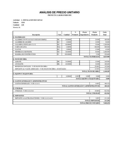 Modelo De Analisis De Precios Unitarios Pdf Materiales Construyendo Tecnología