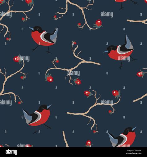 Bird Seamless Pattern Bullfinch Birds On A Black Background With Red