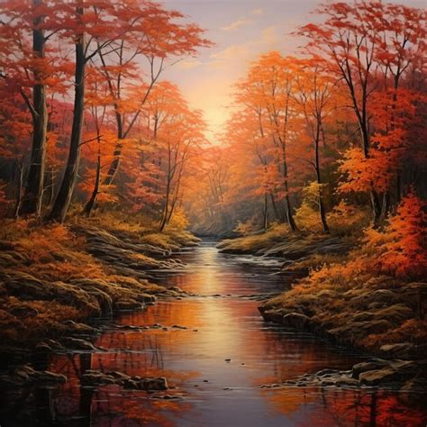 Une Peinture à L huile D une Rivière à L automne Vecteur Premium