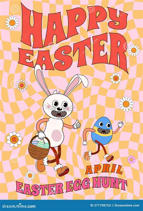 Groovy Happy Easter Poster Vintage Funny Bunny With Egg Easter Egg Hunt Stock Image Image Of