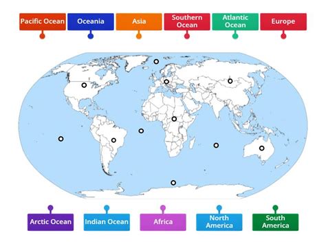 World Map - Continents and Oceans - Labelled diagram