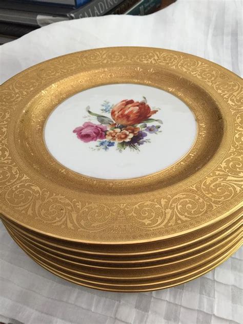 Vintage Bavarian Selb Porcelain Plates Rich Gold Rims Floral