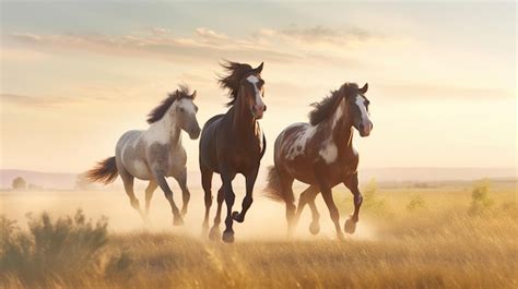 Premium AI Image | Horses running in a field at sunset