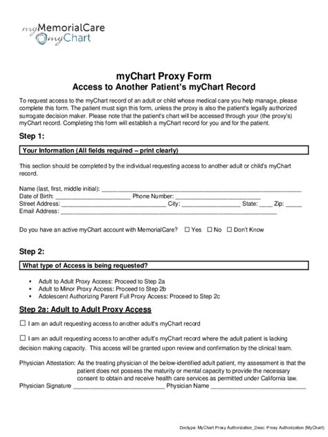 Fillable Online Mychart Proxy Access Form Patient Information All