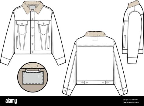 Men Unisex Cropped Sherpa Denim Jean Jacket Trucker Vector Flat Technical Drawing Illustration