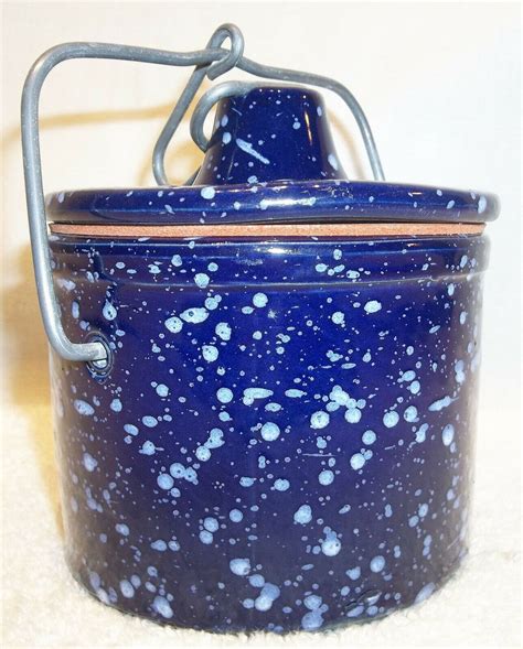 Vintage Stoneware Butter Cheese Crock Wire Bail Lid Cobalt Blue White