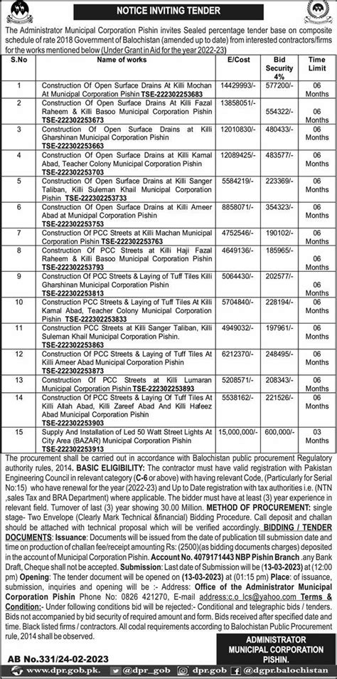 Municipal Corporation Pishin Tender Notice for Construction Works 2024