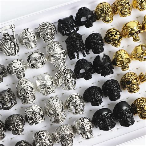 Punk Biker Gothic Skull Rings Para Homens Banhado A Ouro E Prata Estilo